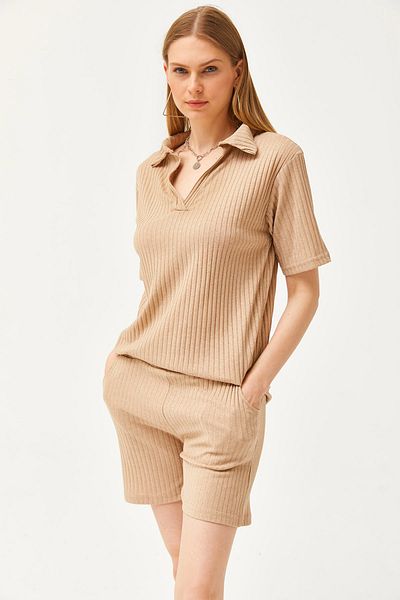Olalook Women's Stone Polo Collar Top Pocket Shorts Ribbed Suit TKM-19000197