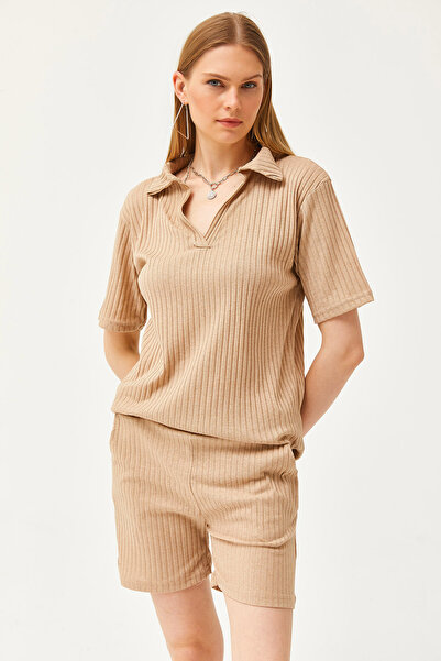 Olalook Kadın Taş Polo Yaka Üst Cepli Şort Fitilli Takım TKM-19000197