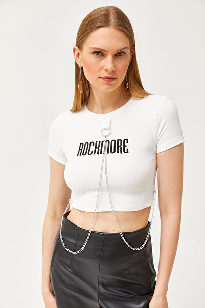 Olalook Bluză Crop Otomană Accesorie Albă Damă BLZ-19002603