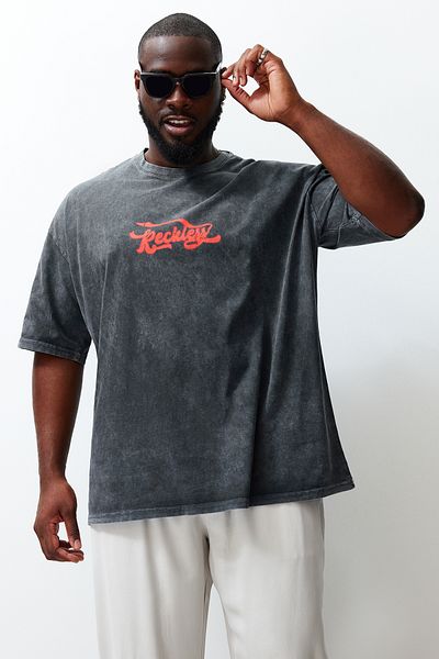 Trendyol Collection Plus Size Anthracite Oversize Printed Cotton T-Shirt - Tmnss24Bf00058