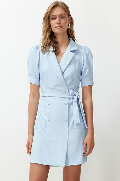 Trendyol Collection Modré páskové mini tkané sako tkané šaty TWOSS20EL0236
