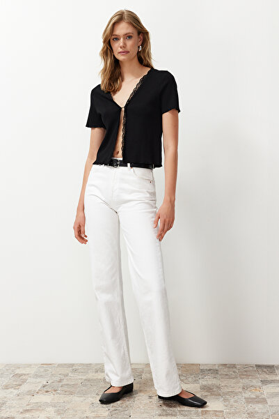 Trendyol Collection Black Cotton V-neck Low-cut Lace Detailed Stretch Knitted Blouse TWOSS24BZ00516