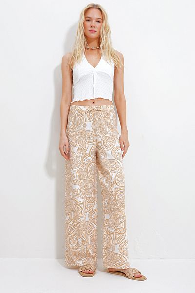 Trend Alaçatı Stili Women's Beige Floral Patterned Linen Woven Palazzo Trousers ALC-X11861