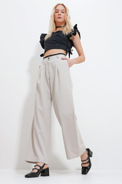 Trend Alaçatı Stili Dámské béžové dvojité kapsy na zip barevně zdobené tkané kalhoty Palazzo ALC-X11902