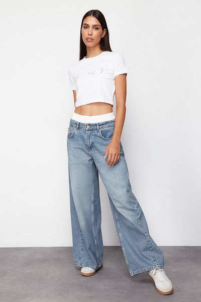 Trendyol Collection Fehér Bow részletes Crop rövid ujjú kötött póló TWOSS24TS00248