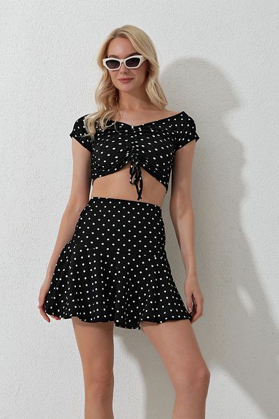 Trend Alaçatı Stili Women's Black Polka Dot Patterned Valon Skirt and Crop Blouse Double Set ALC-X11906