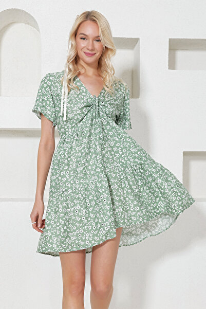 Trend Alaçatı Stili Γυναικεία φούστα με λαιμόκοψη V-χακί με φλοράλ μοτίβο Flounce υφαντό φόρεμα Alc-X11740