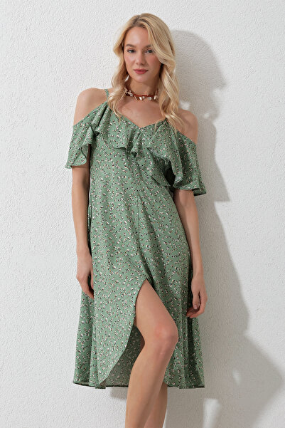 Trend Alaçatı Stili Dámské khaki tkané šaty s provazovým popruhem vpředu volán s květinovým vzorem Alc-X11743