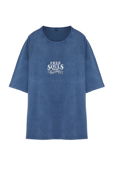 Trendyol Collection Large Size Indigo Oversize/Wide Cut Washing Effect Printed 100% Cotton T-Shirt TMNSS24BF00029