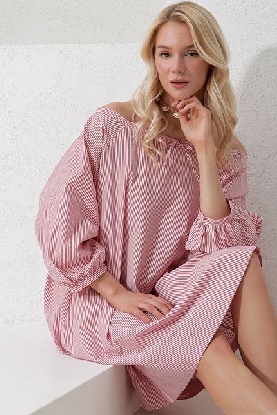 Trend Alaçatı Stili Women's Fuchsia Wide Collar Striped Collar Tied Woven Dress Alc-X11712