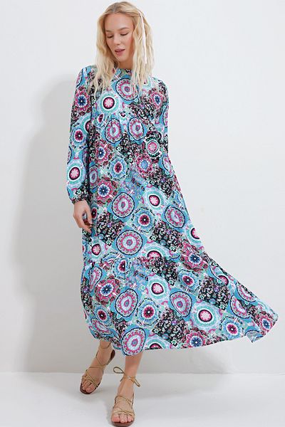 Trend Alaçatı Stili Rochie de damă, albastră, țesută Valon, cu gât crew, stratificat ALC-X11958