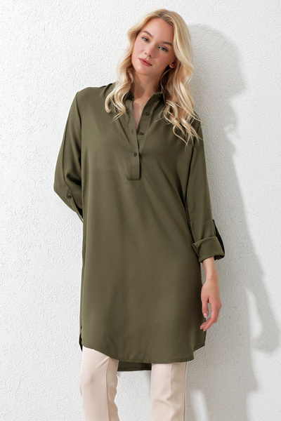 Trend Alaçatı Stili Dámská khaki košilový límec s polovičním límcem dlouhá tkaná tunika ALC-X11827
