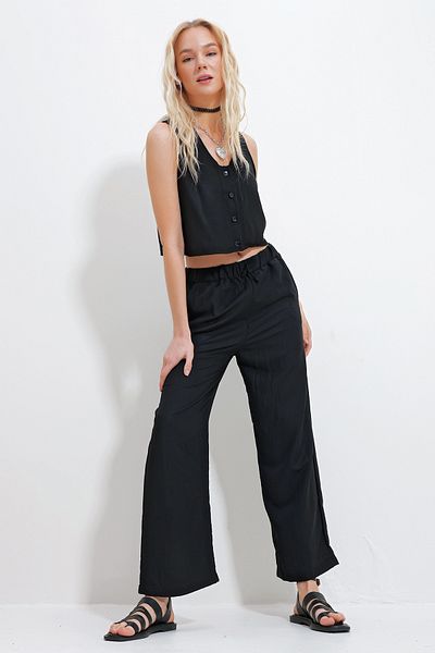 Trend Alaçatı Stili Women's Black V-Neck Button Detailed Blouse and Elastic Waist Palazzo Pants Bottom Top Set Alc-X11738