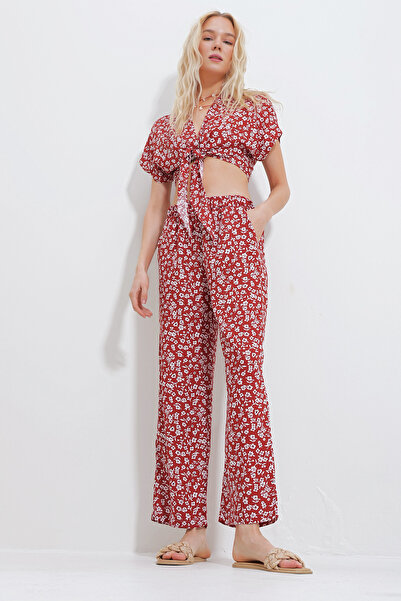 Trend Alaçatı Stili Damen-Set mit gemusterter, gebundener Crop-Bluse und Hosen mit Taschen, unten und oben, gewebt, Alc-X11745