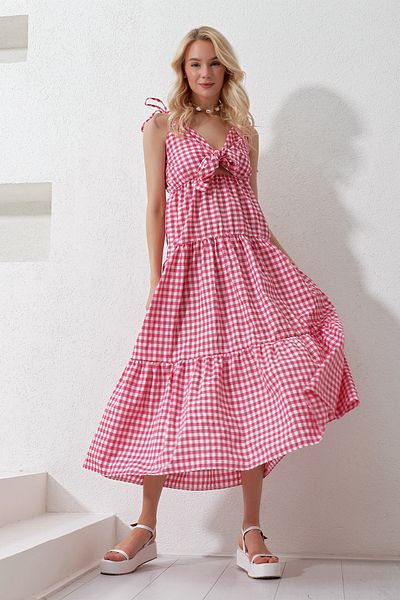 Trend Alaçatı Stili Women's Fuchsia Strappy Layered Flounced Front Lace Up Maxi Length Poplin Woven Dress ALC-X11939