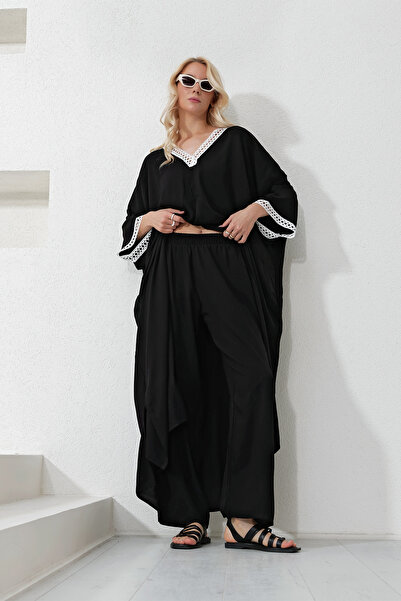 Trend Alaçatı Stili Schwarzes Damen-Set aus Tunika und Hose mit Kragen und Ärmeln, Oberteil und Unterteil, geschnürt, ALC-X11913