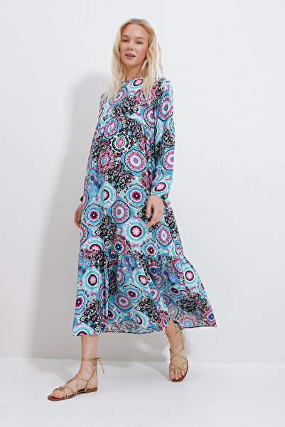 Trend Alaçatı Stili Kadın Mavi Bisiklet Yaka Kat Kat Valonlu Dokuma Elbise ALC-X11958