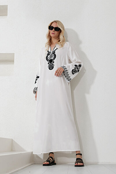 Trend Alaçatı Stili Kadın Beyaz Nakışlı Elbise ALC-X11914