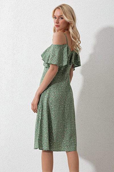 Trend Alaçatı Stili Dámské khaki tkané šaty s provazovým popruhem vpředu volán s květinovým vzorem Alc-X11743