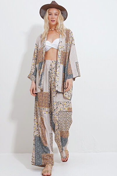 Trend Alaçatı Stili Női bézs fekete kimonó dzseki és Palazzo nadrág szett ALC-X11594