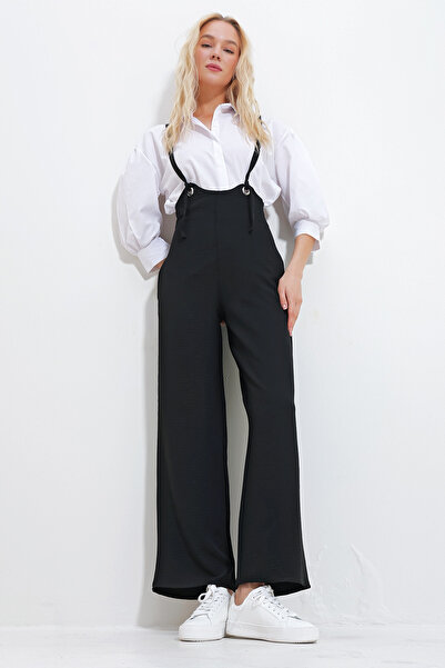 Trend Alaçatı Stili Women's Black Adjustable Strap Hidden Zipper Double Pocket Salopet ALC-X11979