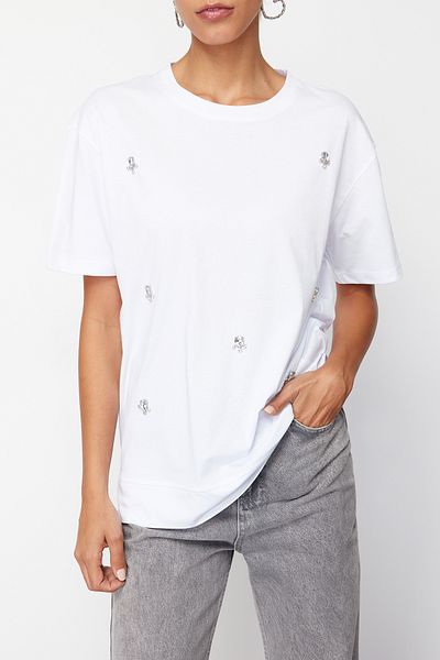 Edit by Trendyol White Stone Detailed Regular Knitted T-Shirt TEDSS24TS00025
