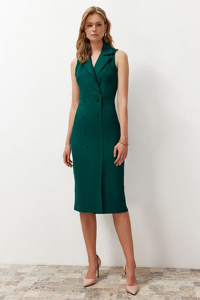 Trendyol Collection Σμαραγδένιο Πράσινο Μίντι Φόρεμα - Λεπτομέρεια με κουμπιά, γιακάς με διπλό στήθος, φούστα κορμάκι περιτυλίγματος TWOSS24EL00616