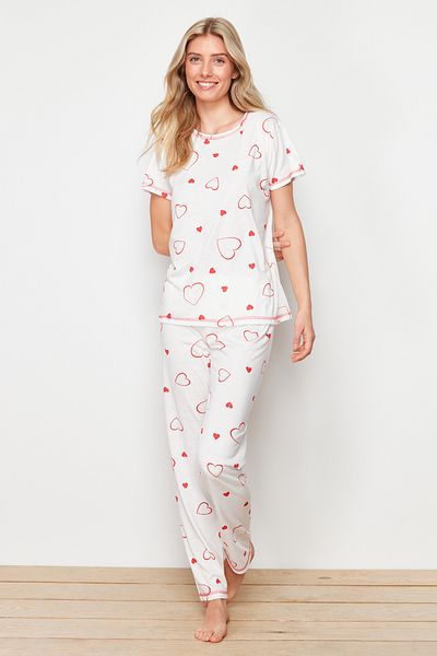 Trendyol Collection Fehér-piros szívű kötött pizsama szett THMSS24PT00358