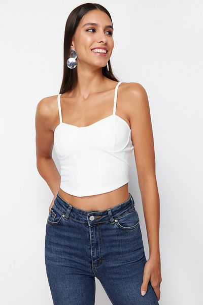 Trendyol Collection Λευκή λουράκι Crop πλεκτή μπλούζα TWOSS24BZ00595