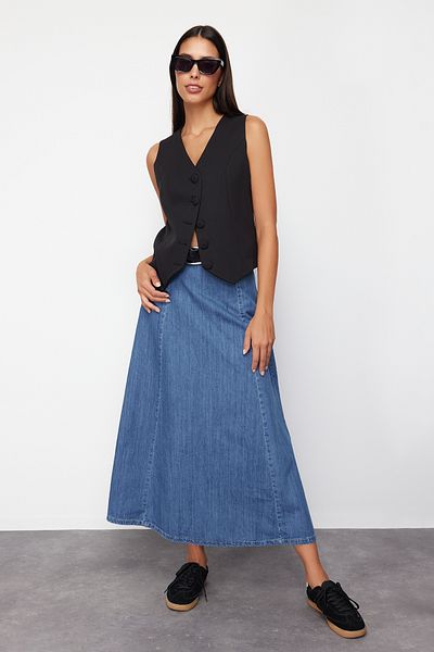 Trendyol Collection Magas derekú sötétkék Midi farmer szoknya - TWOSS24ET00190