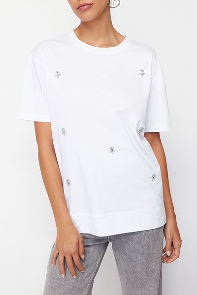 Edit by Trendyol White Stone Detailed Regular Knitted T-Shirt TEDSS24TS00025