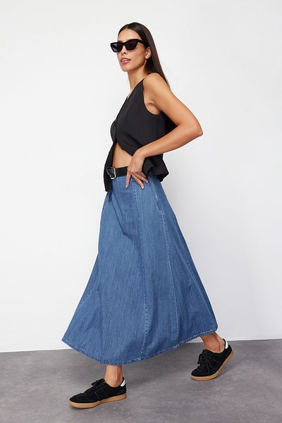 Trendyol Collection Magas derekú sötétkék Midi farmer szoknya - TWOSS24ET00190