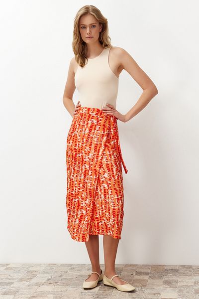 Trendyol Collection Fustă țesută midi din țesătură din viscoză portocaliu cu modele florale TWOSS23ET00294