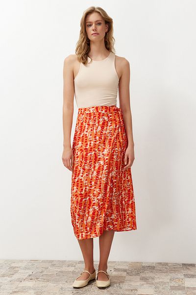 Trendyol Collection Fustă țesută midi din țesătură din viscoză portocaliu cu modele florale TWOSS23ET00294