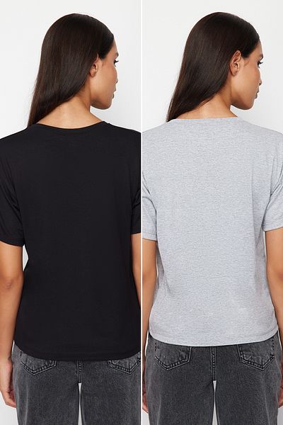 Trendyol Collection Černo-šedá 2-balení viskóza s krátkým rukávem, výstřihem, pleteným tričkem TWOSS24TS00264