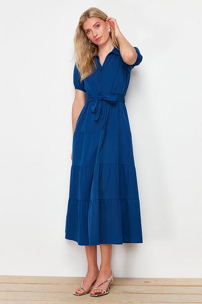 Trendyol Collection Široký indigový košilový límec Maxi tkané šaty TWOSS24EL00861