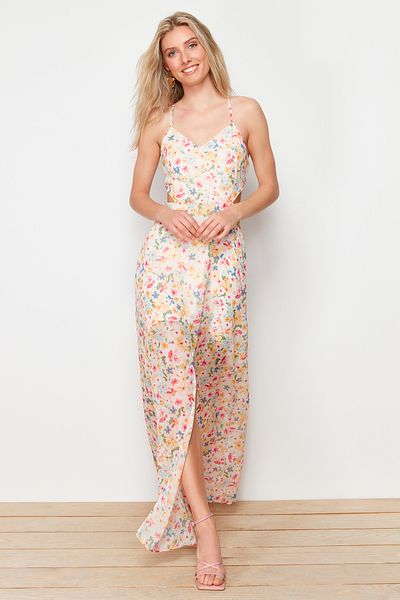Trendyol Collection Ροζ φόρεμα με λουλουδάτο μοτίβο με λεπτομέρεια στη μέση TWOSS20EL1270