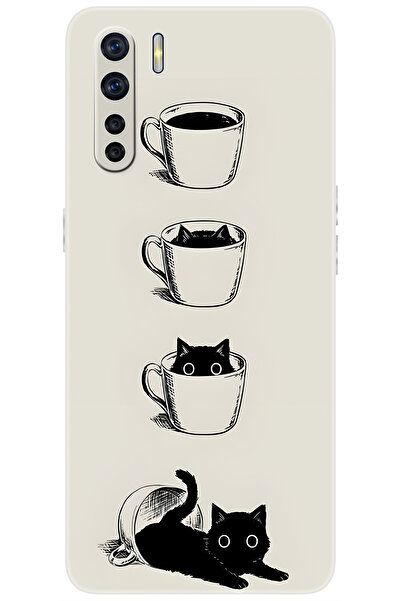 OPPO A91 / Reno 3 Uyumlu Kılıf Desen Baskılı Silikon Kedi ve Kahve Çizimi STK...