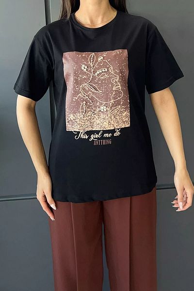GÜLSELİ Tricou de damă cu imprimeu cu imagine brodat cu piatră pe față