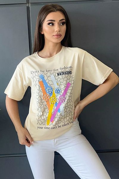 GÜLSELİ Tricou de damă bej cu text și imagine imprimate