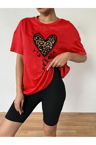 BEETON Love Heart Leopard T-Shirt - Red Printed Oversize Crew Neck Short Sleeve T-Shirt