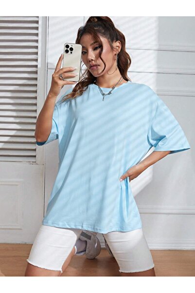 BEETON Düz T-Shirt - Bebe Mavisi Oversize Bisiklet Yaka Kısa Kol Tişört
