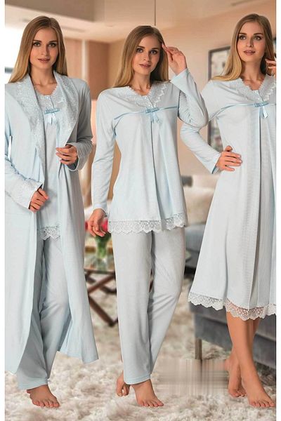 CT MODA Set de pijamale de damă din dantelă albastră - Set de halate cu mâneci lungi, bumbac, pentru gravide și pentru maternitate