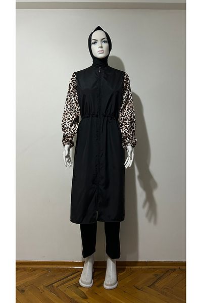 GİZGİYİM Leopard Patterned Adjustable Waist Elastic 3 Piece Hijab Swimsuit
