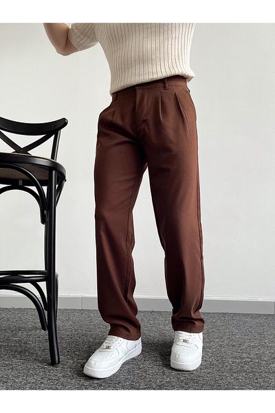 ketench Men's Baggy Cut Pleated Trousers - Elastic Waist, Brown (E1010)