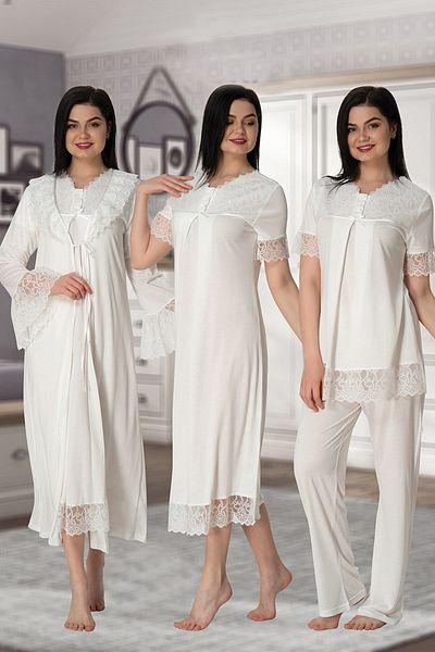 CT MODA Women's Ecru Lace Cotton Maternity Maternity Dressing Gown Pajamas Set Nightgown 4-Piece Set