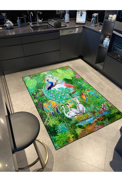 Rugs Modern Halı Green Themed Nature and Animal Patterned Decorative Carpet M...