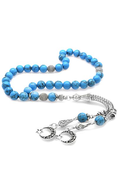 Tesbihane Non-Tarnish Metal Crescent Star Tasseled Globe Cut Turquoise-Turquoise Natural Stone Rosary