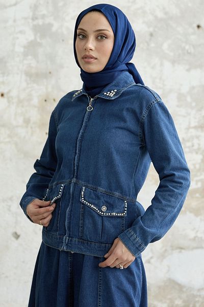 InStyle بدلة تنورة لؤلؤية - أزرق داكن
