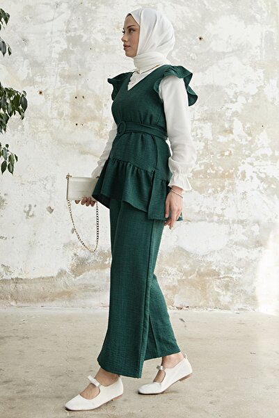 InStyle Omuzu Fırfırlı Üçlü Takım - Zümrüt Yeşili